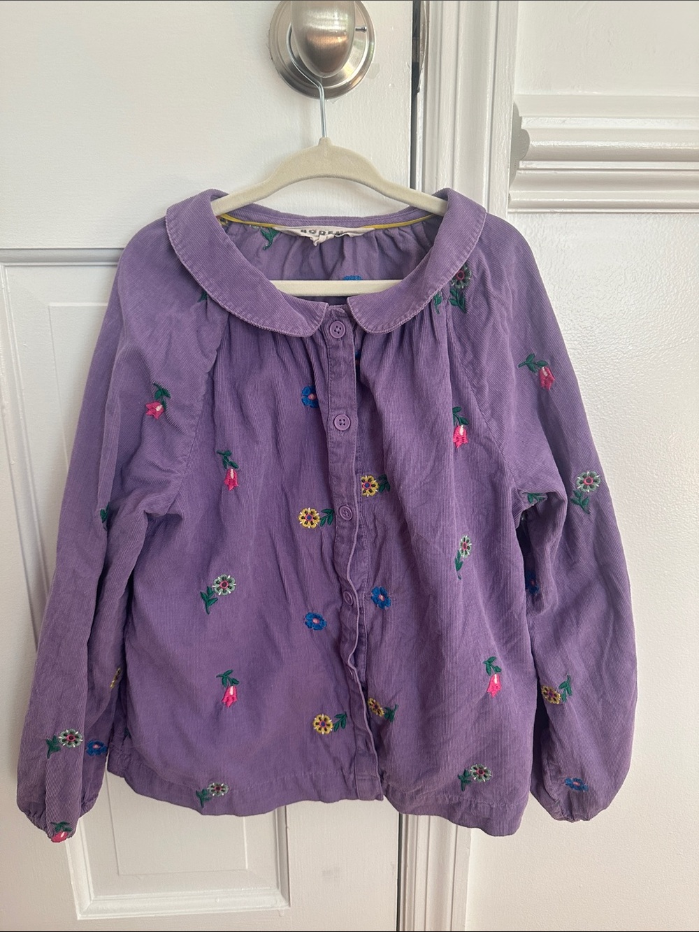 Mini Boden Purple Floral Embroidered Corduroy Button-Down Shirt